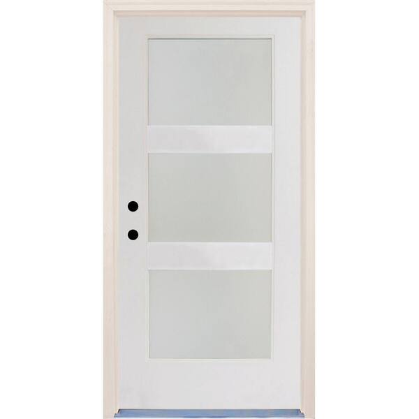 Builders Choice 36 in.x80 in. Elite Righthand 3Lite Satin Etch Glass Contemporary Unfinished Fiberglass Prehung Front Door w/ Brickmould
