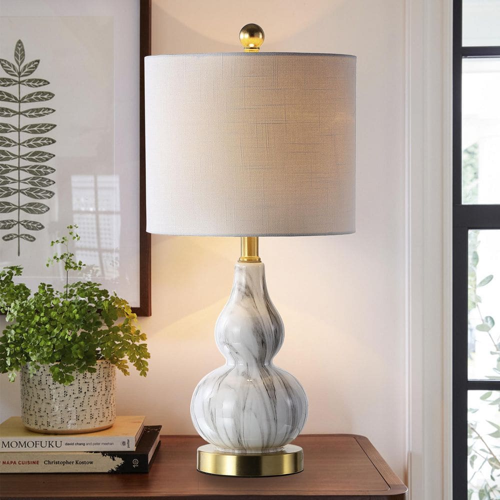 20.5" Mini Glass LED Table Lamp with White Linen Shade