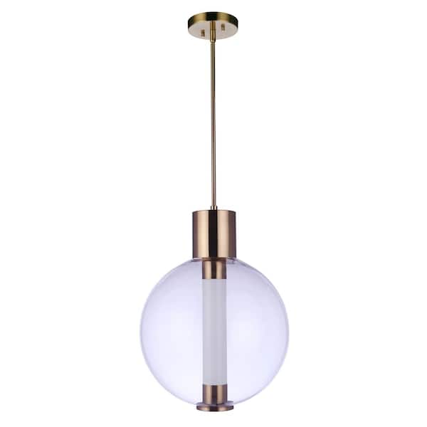 Watson 15 Watt 1-Light Satin Brass Finish Dome Integrated LED Pendant Light w/ Frosted White Glass Framed by Clear Glass