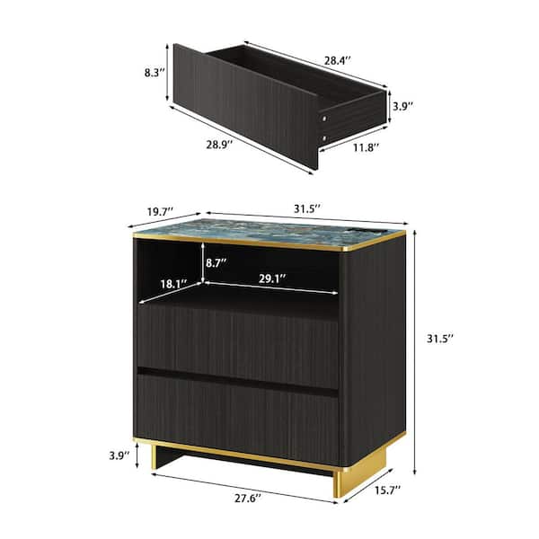 FUFU&GAGA Dark Gray Wood Grain 2-Drawer 31.5 in. W Rectangle Side