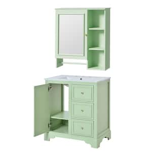 30 in. W Freestanding Bath Vanity in Green with White Ceramic Basin Top,3-Drawers, Adjustable Shelves and Mirror Cabinet