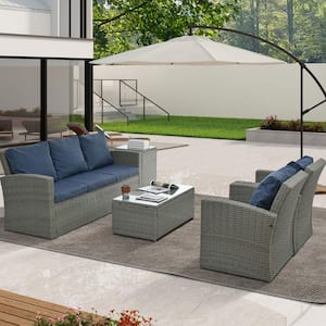 Outdoor Patio 5-Piece PE Wicker Furniture Set with Tempered Glass Coffee Table and Blue Cushion Cushions