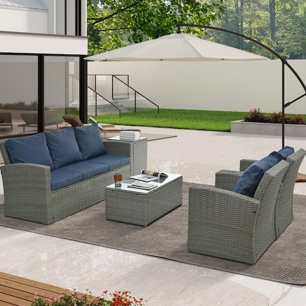 Tunearary Outdoor Patio 5-Piece PE Wicker Furniture Set with Tempered Glass Coffee Table and Blue Cushion Cushions