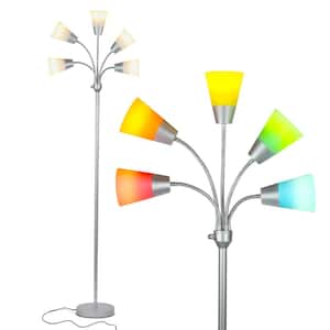 Medusa Modern 78 in. Platinum Silver Modern 5-Light Adjustable Gooseneck LED Floor Lamp with 5 Multicolored Cone Shades