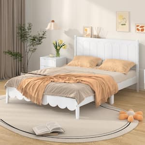 White Wood Frame Full Size Platform Bed with Central Support Legs and Wavy Footboard