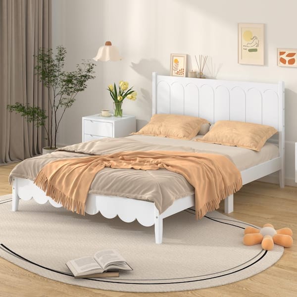 Harper & Bright Designs White Wood Frame Full Size Platform Bed with Central Support Legs and Wavy Footboard