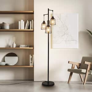 70 in. Black LED Tree Floor Lamp with 3 Cage Shades and Edison Bulbs