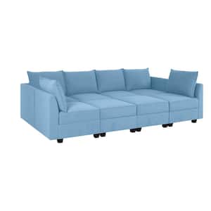 Modern 6-Seater Upholstered Sectional Sofa with Double Ottoman - Robin Egg Blue Linen