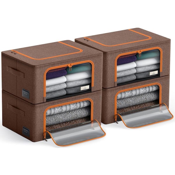 Storage Bins, Organizers with Metal Frame, Handles, and Window, Brown 15.75 in. x 8 in. Fabric Decorative Box (Set of 4)