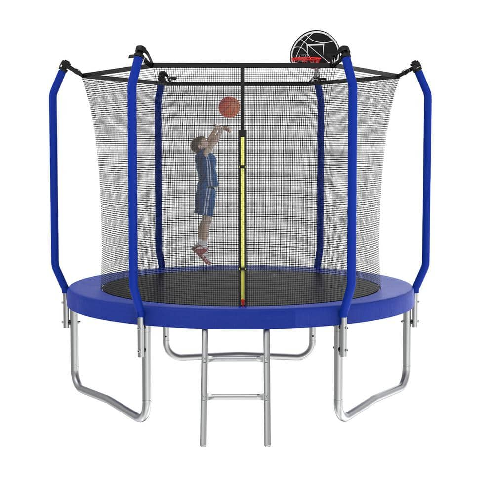 Boosicavelly 8 ft. Blue Galvanized Anti-Rust Outdoor Round Trampoline with Basketball Hoop and Enclosure Net