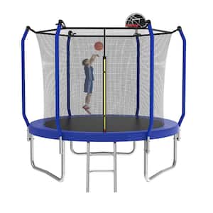 8 ft. Blue Galvanized Anti-Rust Outdoor Round Trampoline with Basketball Hoop and Enclosure Net