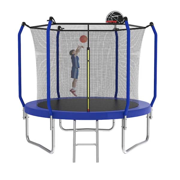 Boosicavelly 8 ft. Blue Galvanized Anti-Rust Outdoor Round Trampoline with Basketball Hoop and Enclosure Net