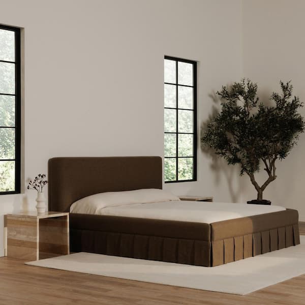 Lenora Brown Plywood Frame King Platform Bed with Oeko-Tex Upholstery and Pleated Tennis Skirt Base