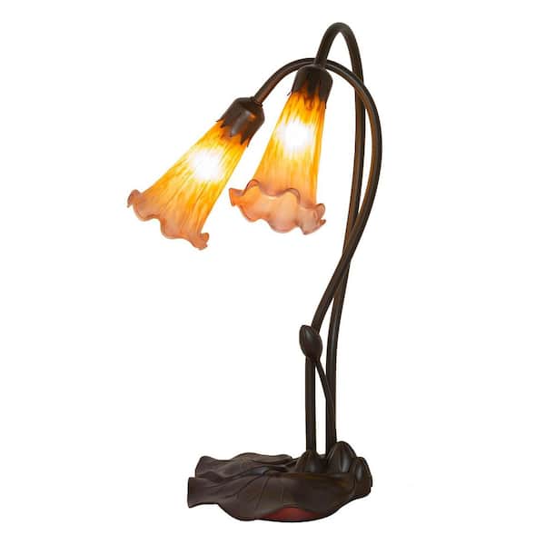MEYDA Pond Lily 16 in. Mahogany Bronze Novelty Victorian Table Lamp with Amber and Purple Glass Shade