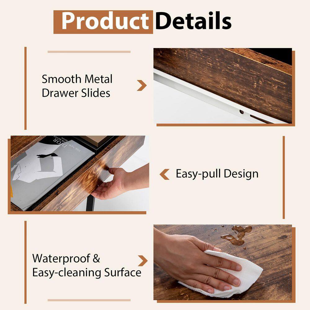 Close-up details of the desk's metal drawer slides and waterproof surface.