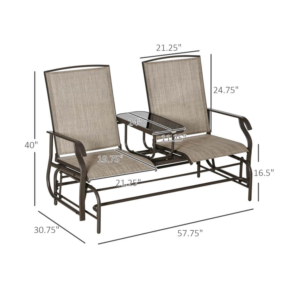 Brown Steel 2-Person Outdoor Glider Bench with Center Table