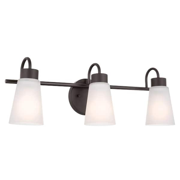 KICHLER Erma 23 in. 3-Light Olde Bronze Traditional Bathroom Vanity Light with Satin Etched Glass Shades