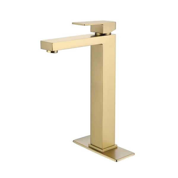 FLG Single Handle Bathroom Vessel Sink Faucet Single Hole Modern Brass High Tall Faucets with Deck Plate in Brushed Gold