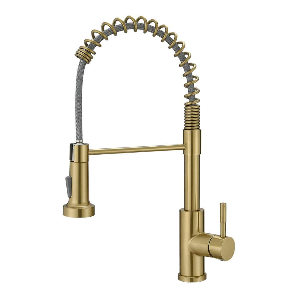 Tahanbath Single Handle Pull Out Sprayer Kitchen Faucet in Brushed Gold