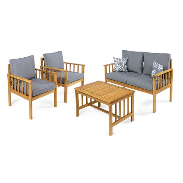 JONATHAN Y Everly 4-Piece Cottage Acacia Wood Outdoor Patio Set and Tropical Decorative Pillows, Gray/Teak Brown Cushions