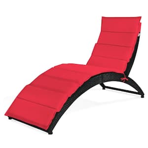 64 in. L Foldable Weather-Resistant PE Wicker Lounge Chair with Red Cushion for Poolside, Patio, Backyard