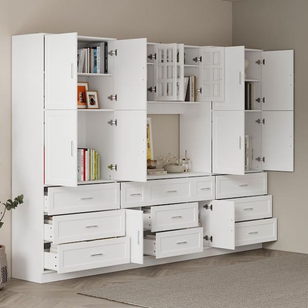 FUFU&GAGA White Wood 110.2 in. W Pantry Cabinet with Glass Doors