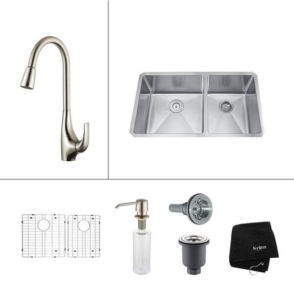 KRAUS All-in-One Undermount Stainless Steel 33 in. Double Basin Kitchen Sink with Faucet and Accessories in Stainless Steel