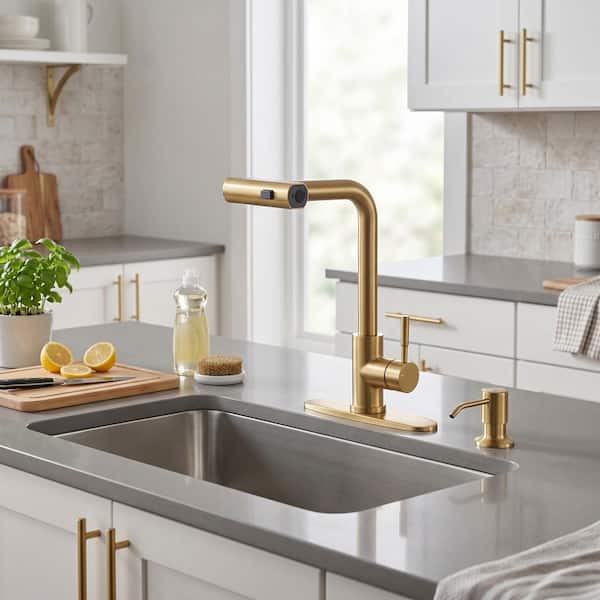 3 Modes Single Handle Waterfall Pull Down Sprayer Kitchen Faucet with Soap Dispenser in Gold