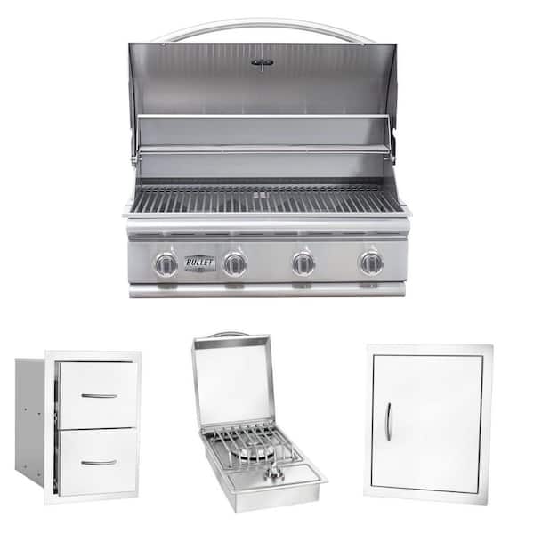 Bullet Series 4-Burner Built-In Liquid Propane Grill 30 in Stainless Steel w/Double Door, Double Drawer & Side Burner