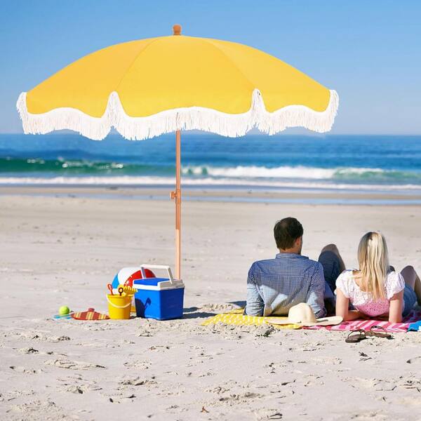 7 ft. Metal Tilt Beach Umbrella in Gold Yellow with Fringe