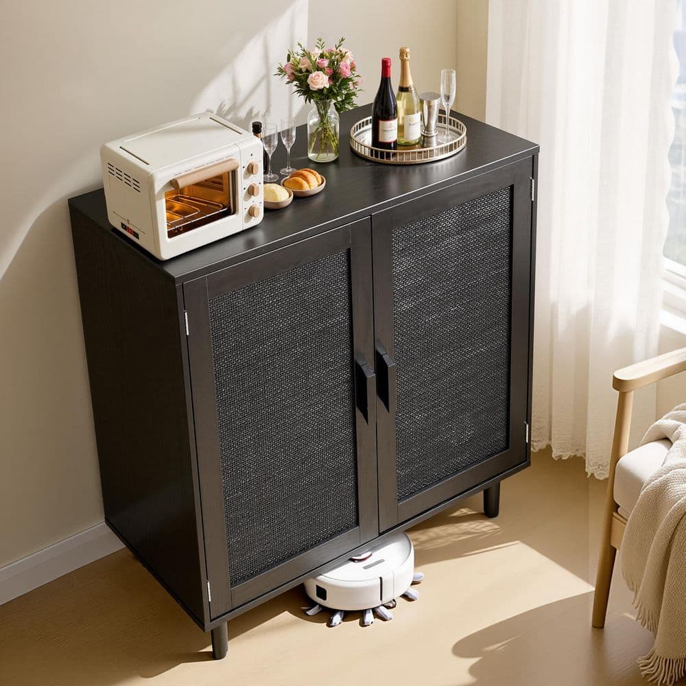 Rattan Storage Cabinet, 2 Magnetic Doors with Adjustable Shelves, Wooden Legs and Power Cord Hole, Black, 2025 Update price history on PriceWatchPro