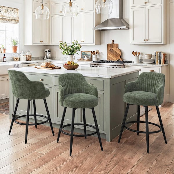 Kepler 26 in. Grayish Green Chenille Swivel Bar Stool Metal Frame Upholstered Counter Height Stool (Set of 3)