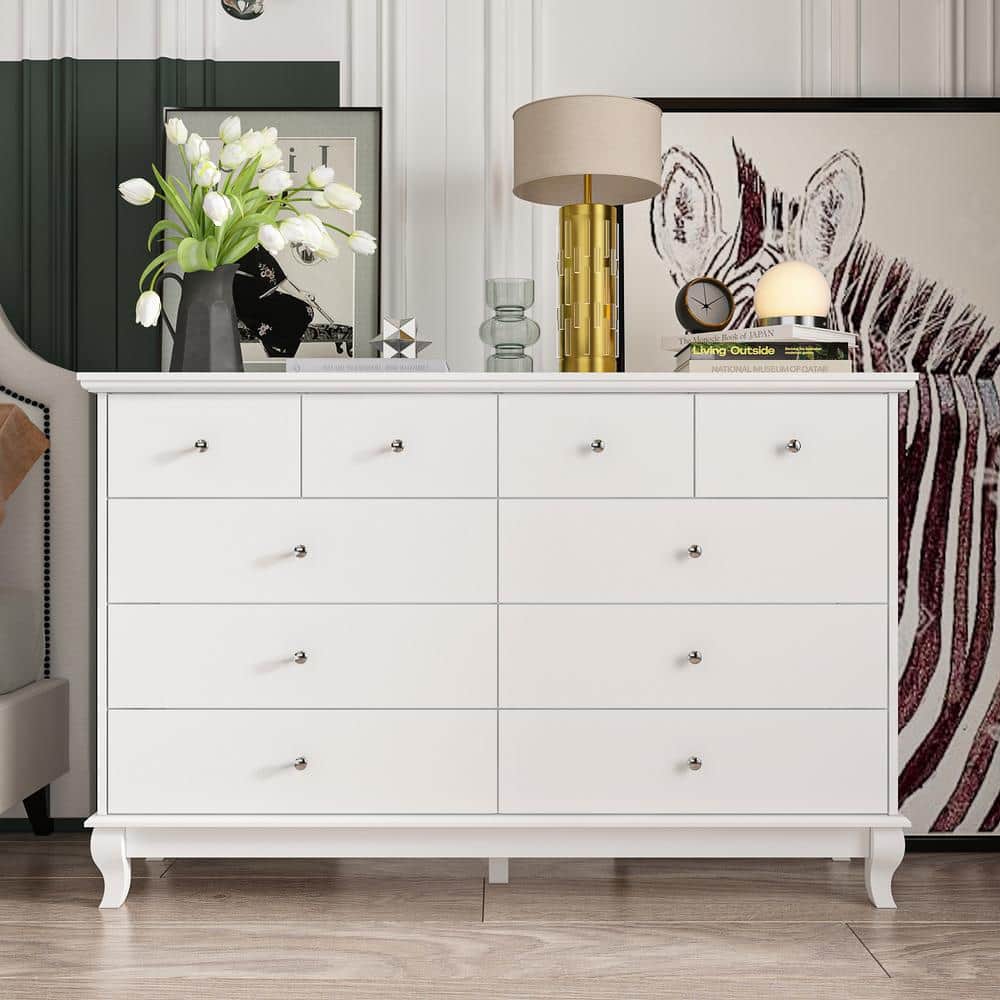 Kingdely White 10-Drawer 55.1 in. W Wood Paint Finish Dresser Chest of Drawers Cabinet KF330034-01-CX