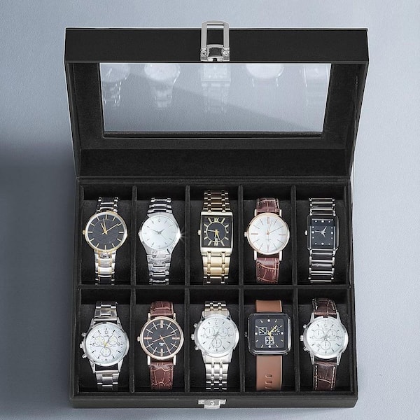 Black Rectangle PU Leather 10-Slot Watch Box with Large Glass Lid