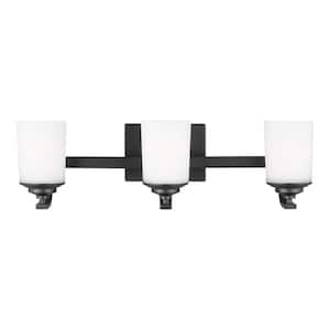Kemal 24 in. 3-Light Matte Black Traditional Wall Bathroom Vanity Light with Etched White Glass Shades