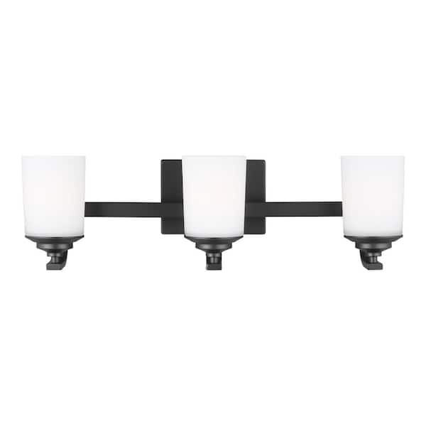 Generation Lighting Kemal 24 in. 3-Light Matte Black Traditional Wall Bathroom Vanity Light with Etched White Glass Shades and LED Bulbs