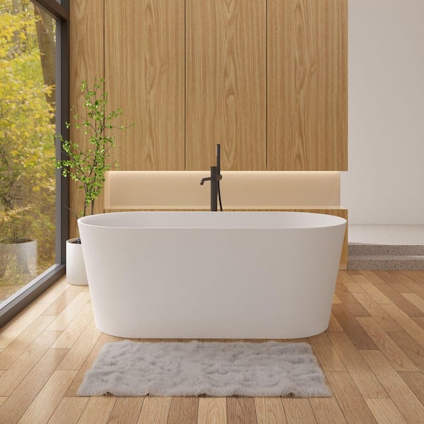 Foyil 55 in. x 28 in. Solid Surface Stone Resin Flatbottom Freestanding Bathtub Soaking Bathtub in Matte White