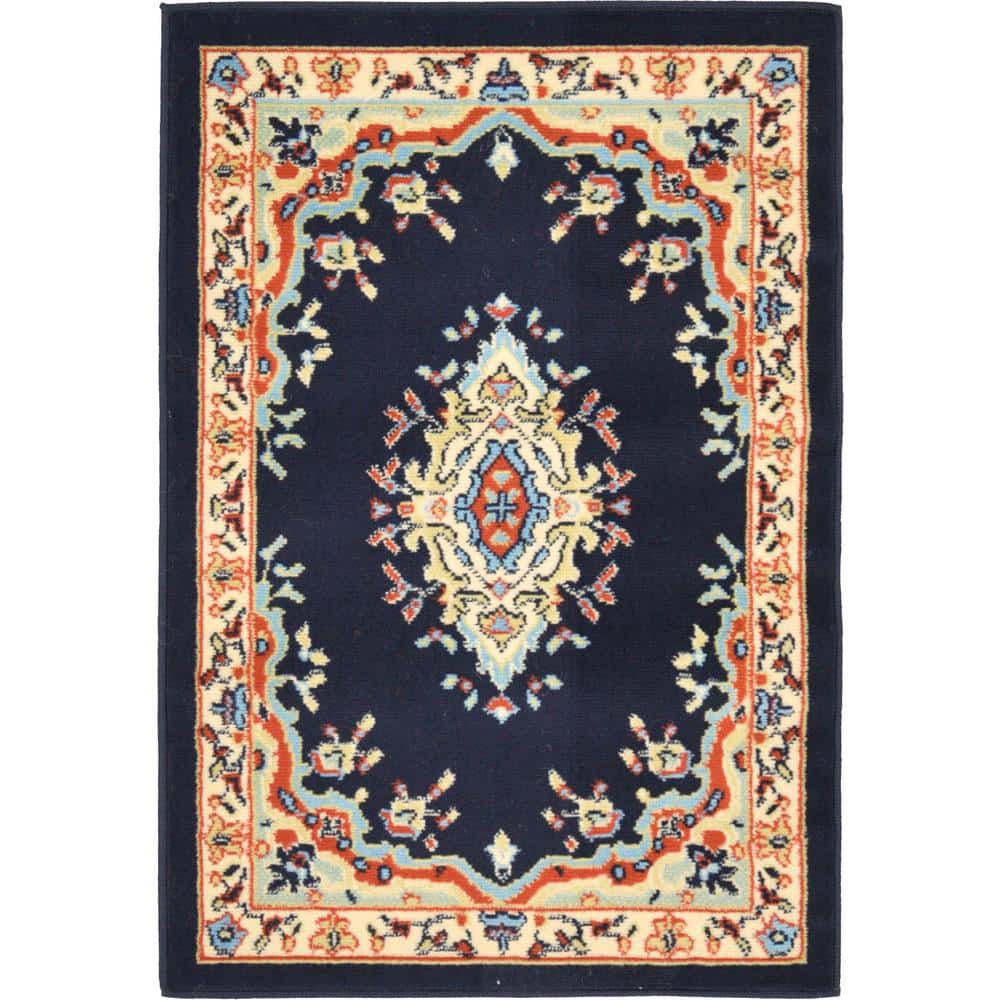 Handmade Navy Blue Rectangular Medallion Synthetic Rug