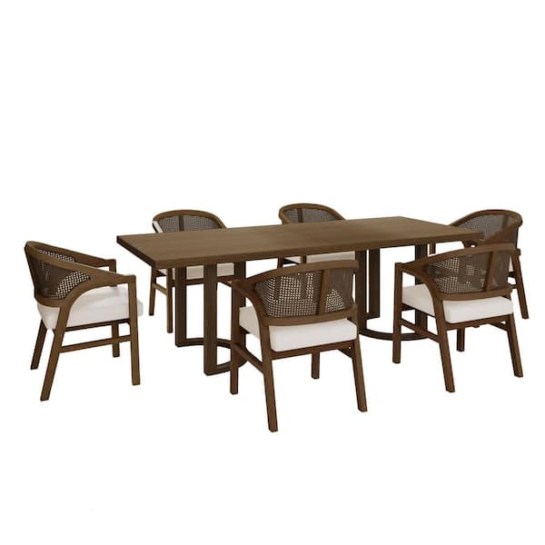 Conroy 7-Piece Walnut plus Beige Wood Top Dining Set with Cushioned Seats, Rattan Back
