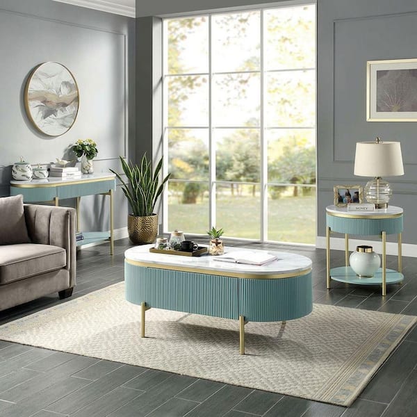 Dominic 23 in. White/Gold Round Faux Marble End Table with Storage Drawer