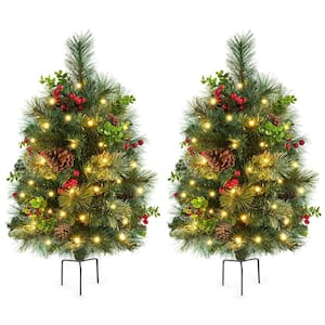 Set of 2 Pre-lit Outdoor Pathway Christmas Trees with LED Lights for Driveway Yard Garden