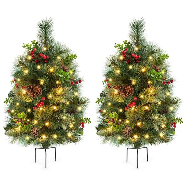 Yaheetech Set of 2 Pre-lit Outdoor Pathway Christmas Trees with LED Lights for Driveway Yard Garden