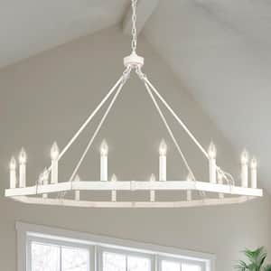 43 in. 16-Light Distressed White Large Modern Farmhouse Candle Wagon Wheel Chandelier for Living Room
