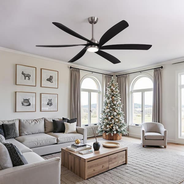 64 in. Indoor Black Plus Nickel Downrod Mount Ceiling Fan with Integrated LED with Remote Control Included