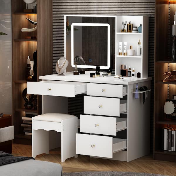 FUFU&GAGA White Makeup Vanity Set Dresser Table with Dimmable Lighted Mirror, Power Strip and Hair Dryer Holder, 5-Drawers, Stool