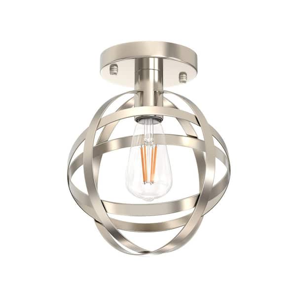 7.87 in. 1-Light Brushed Nickel Globe Semi-Flush Mount Ceiling Light-Classic Fixture for Hallway, Stairway & Porch