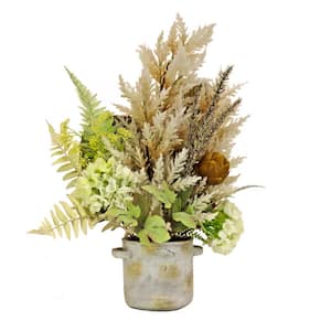33 in. Artificial Floral Arrangements Hydrangea and Fan Palm in Cement Pot