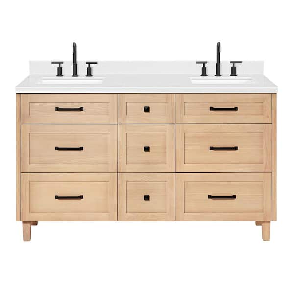 Monroe 60 in. W x 22 in. D x 36 in. H Double Rectangle Sink Bath Vanity in Oak with Carrara White Quartz Top
