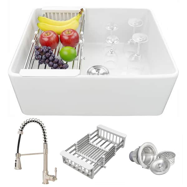 White Fireclay 24 in. Single Bowl Apron-Front Kitchen Sink with Faucets and Basket Strainer