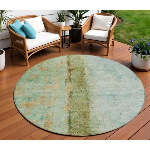 Olive Green, Blue 8 ft. Round Woven Abstract Polyester Round Indoor/Outdoor Area Rug